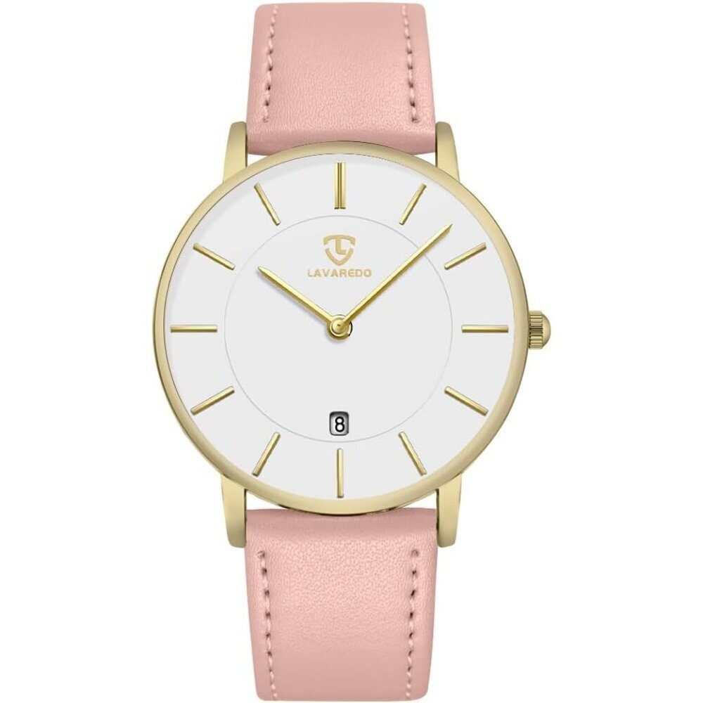 Men's Pink- White Leather Strap Analog Minimal Simple Stylish Buckle Wrist Watch